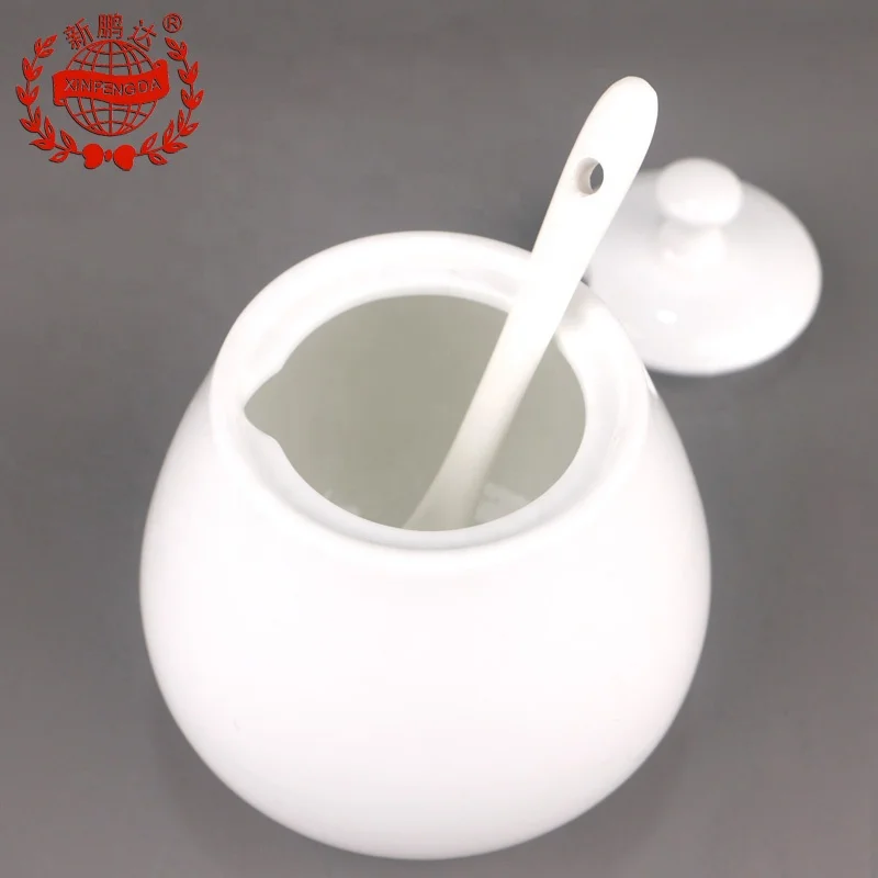 High quality White round Design Bone China Sugar Pot Ceramic sugar jar with spoon
