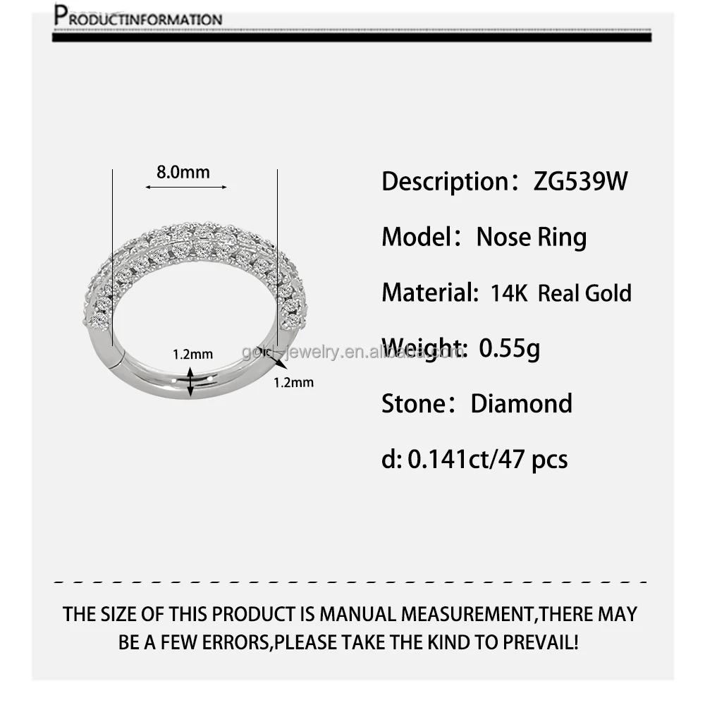 Wholesale 14K Real White Gold Nose Rings Fine Jewelry Piercing Real Diamond Body Jewelry Custom Jewelry Hot Selling