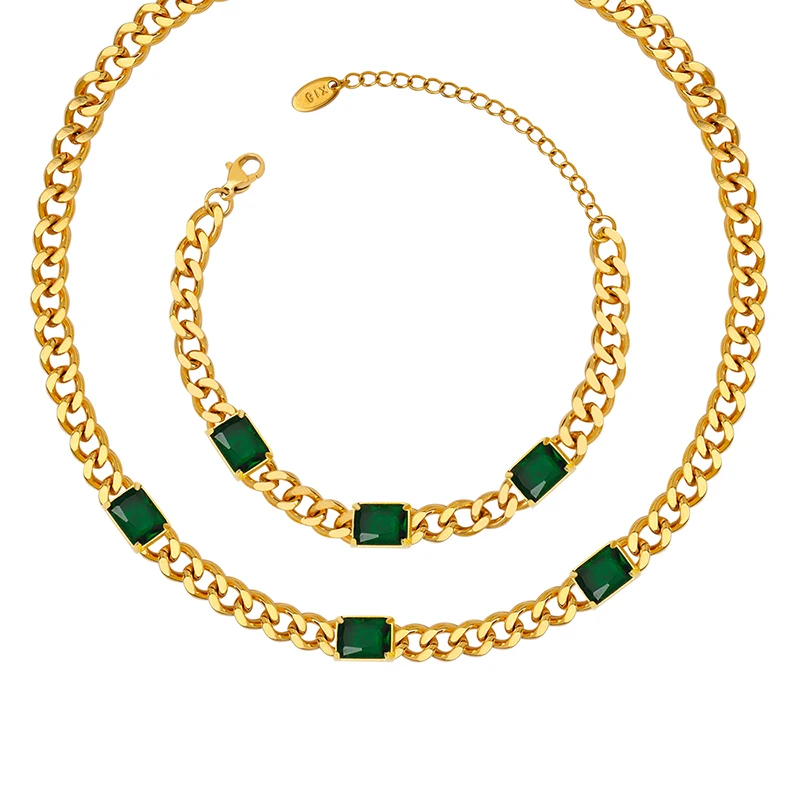 Wholesale Hip Hop Cuban Coarse Chain Green Glass Stone Pendant Necklace Bracelet Jewelry Sets