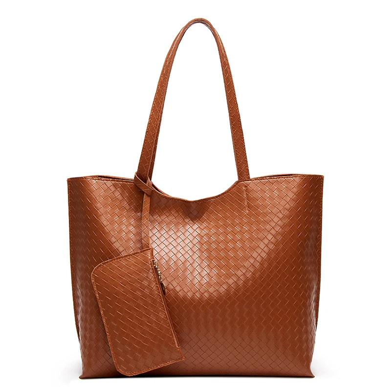 
New Model PU Leather Woven Pattern Designers Ladies Tote Bags Handbags with Mini Purse Pouch 