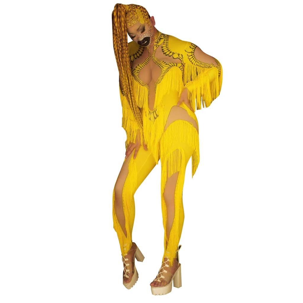 Yellow Party  Jumpsuit  Print Stretch Skinny Fringes Rompers Women Performance Wear Stage Costumes Party Tassel Bodycon