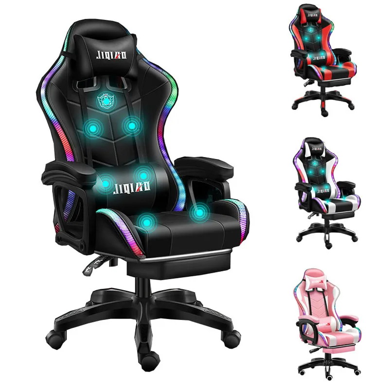 wholesale good price swivel white pu leather racing massage gaming chair silla gamer rgb gaming chair with lights and speakers