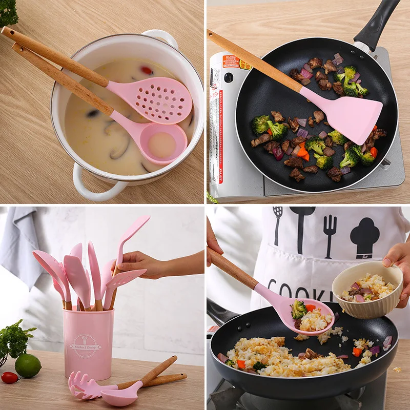 11pcs Amazon Hot Sale food safe kitchenware accessories kitchen home cooking tools silicone utensil set with wooden handle