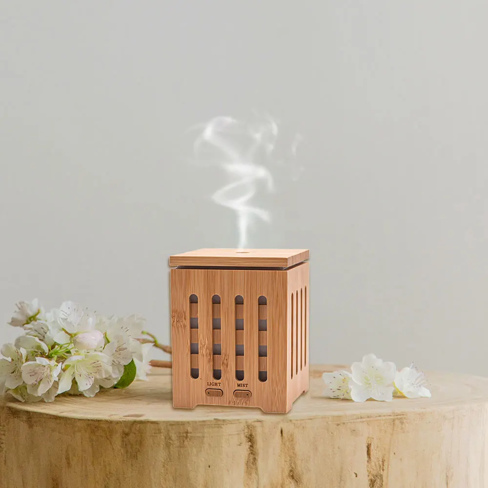 Square Shape Ultrasonic Aroma Diffuser Machine Real Bamboo Aromatherapy Essential Oil Diffuser