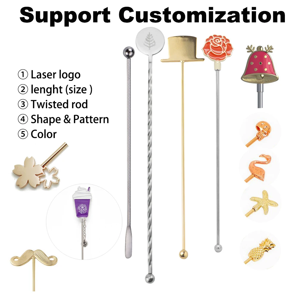 Custom Bar Tools Carving Garnish Decorative Food Drink Coffee Silver Fruit Toothpicks Stainless Steel Cocktail Stir Sticks Pick