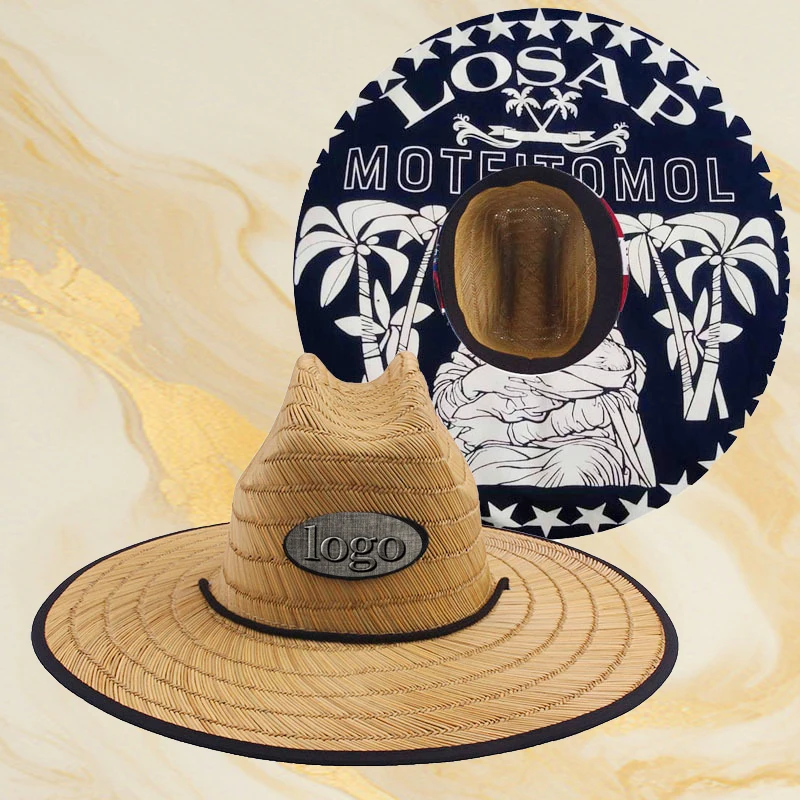 Bulk Custom Logo Lifeguard Big Wide Brim Hawaiian With Drawstring Summer Beach Surf Life Guard Straw Hat For Men