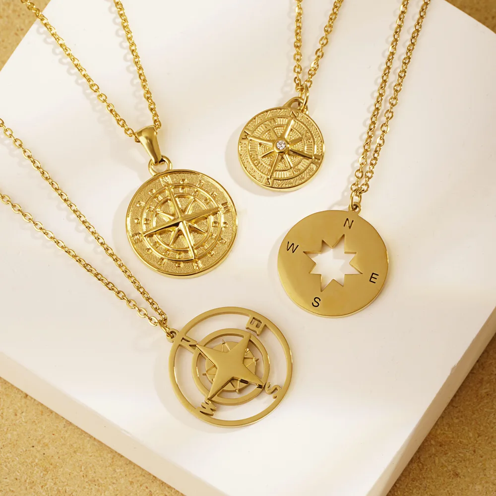 Compass stainless steel gold plated necklace for men and women