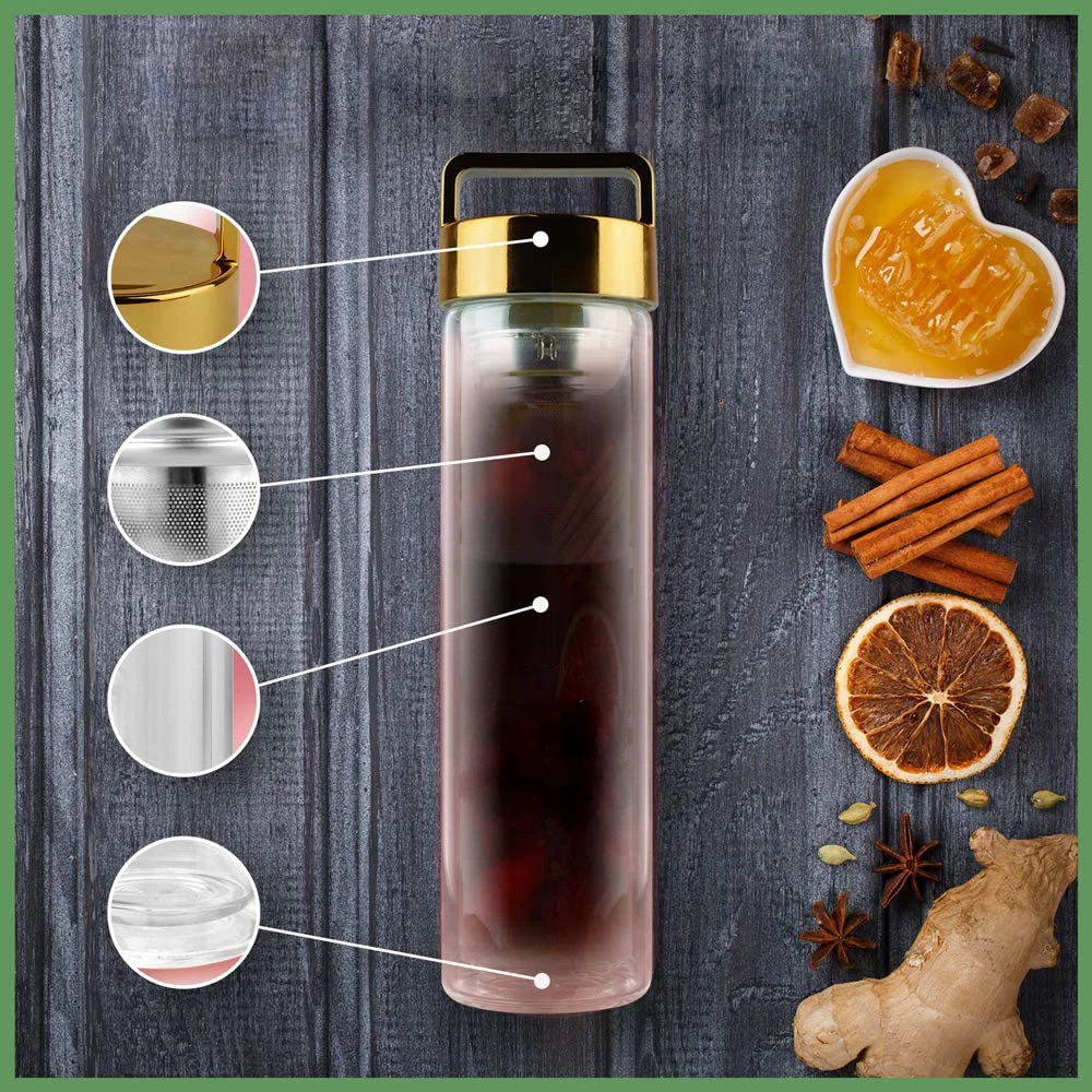 2020 Hot Sale Double Wall Premium Quality Glass Water Bottle Tumbler with Tea Infuser Mugs with Handle for Loose Leaf Tea Fruit