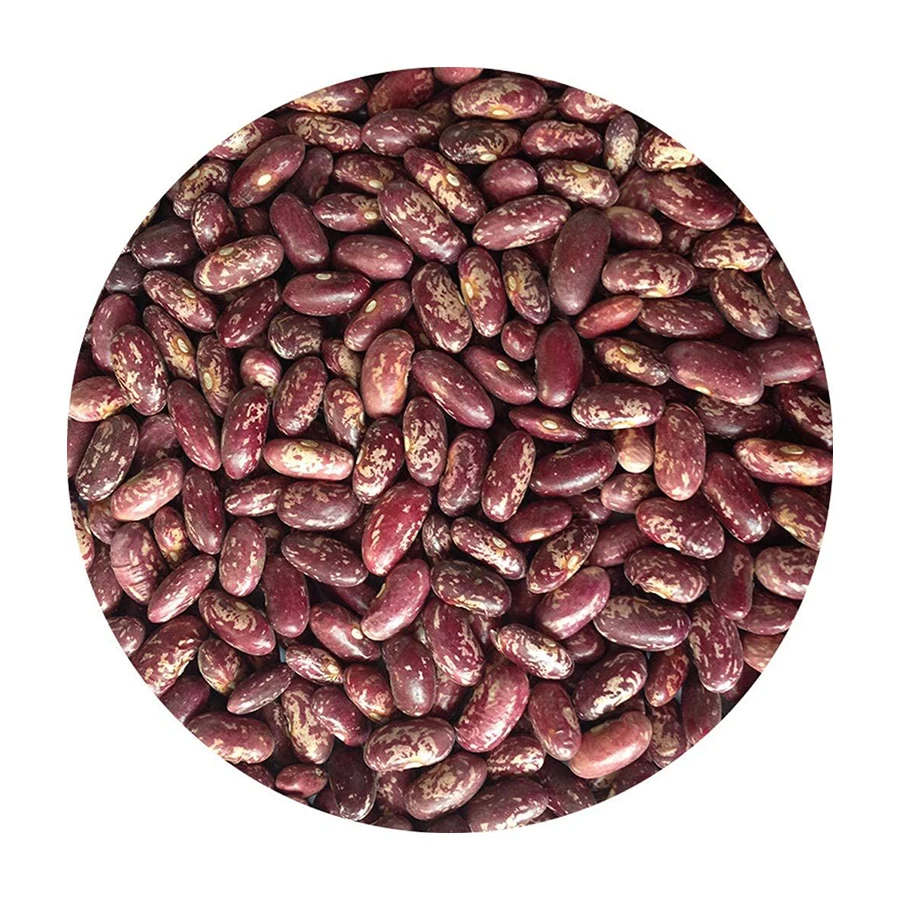 Органические красные крапчатые фасоли сушеные и сырые, упакованные в объемные пакеты с круглым рисунком