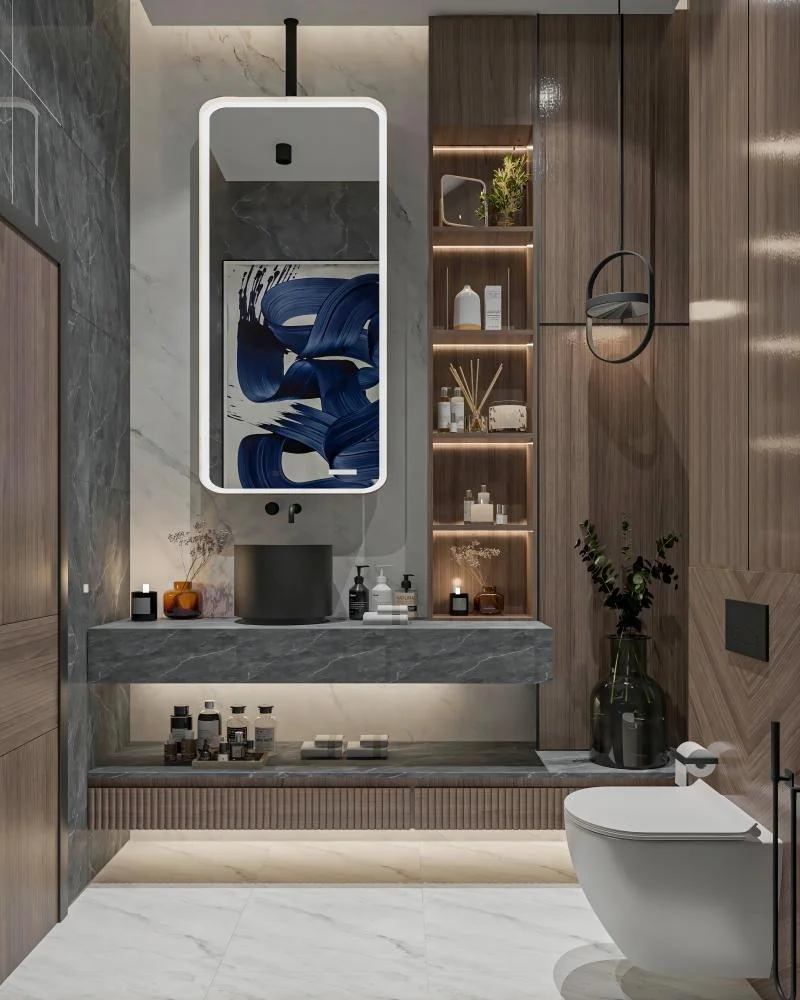 Wholesale double single modern fluted panel wall mounted simple design bathroom vanity mirror sink wooden panel bath cabinet