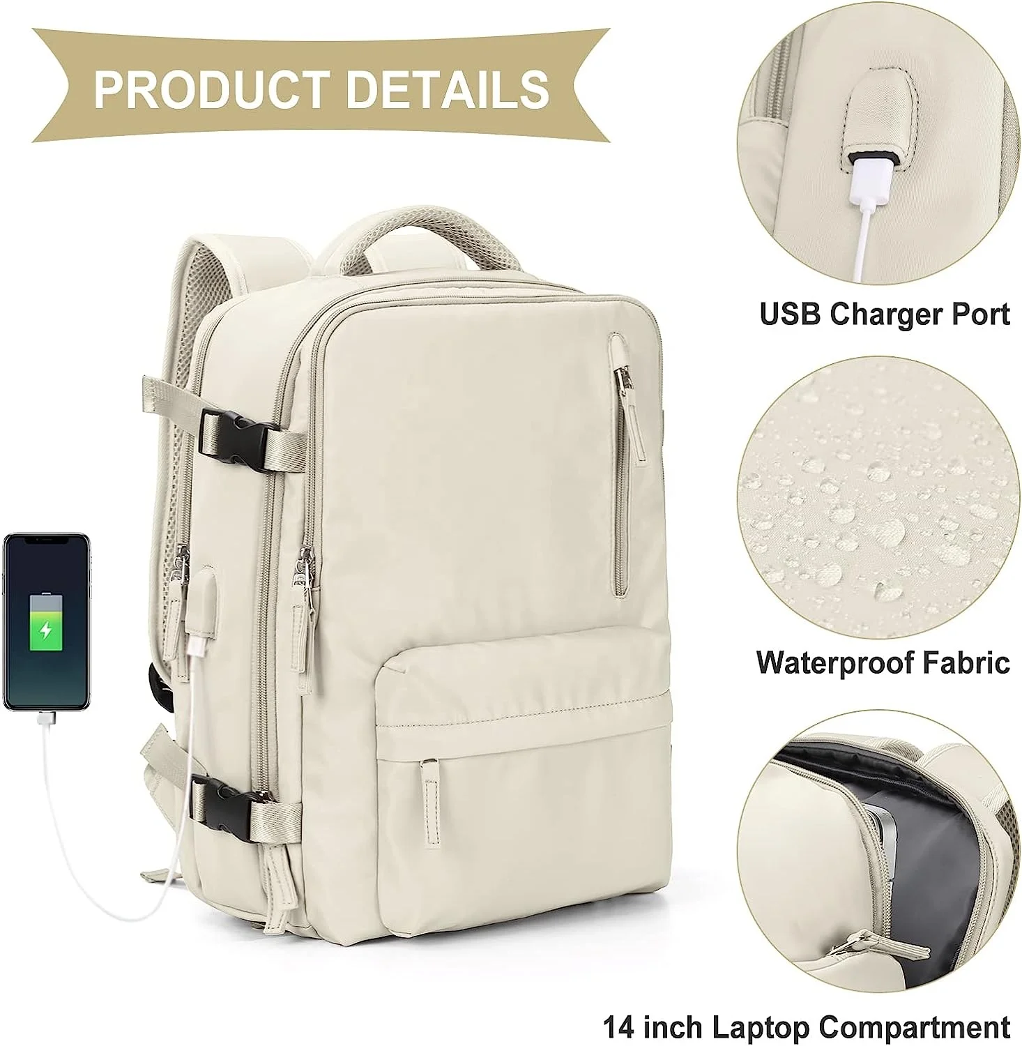 Custom Beige Large Multi-functional Travel Daily Causal Backpack Men Women