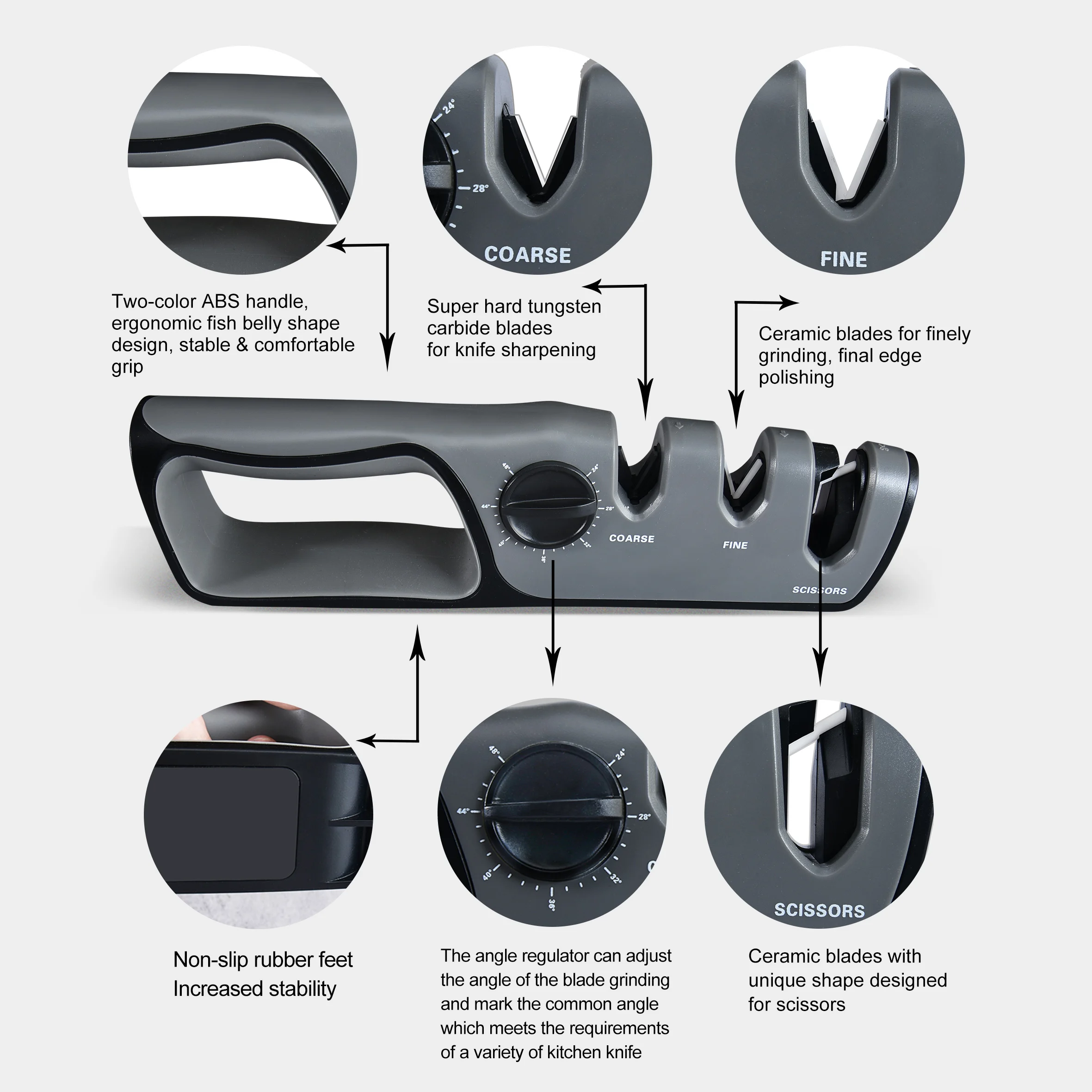 Adjustable Angle 3-stage Kitchen Knife Sharpener 3-in -1 Professional Knife & Scissors Sharpener