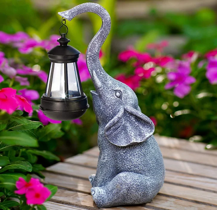 Resin elephant statue with solar lamp