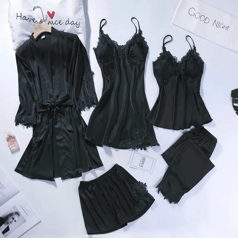 Hot new retail products five pieces sets women summer homewear bridal robe silk bathrobe