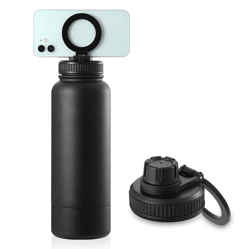 FREE sample Magnetic Lid Mobile Phone Holder Thermos Flask Insulated Water Bottle with Magnet Phone Mount Stand