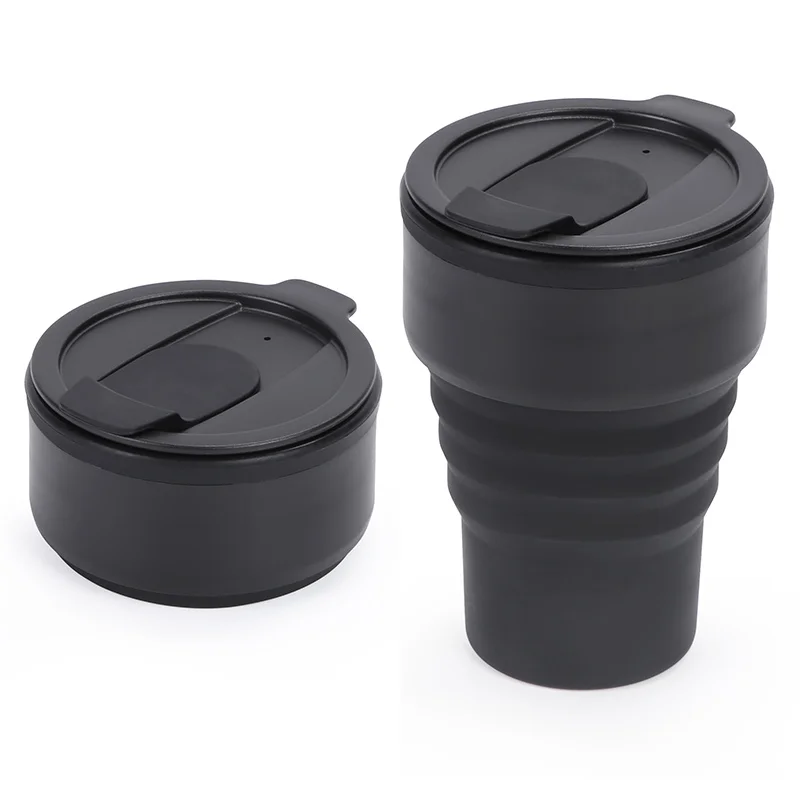 Eco Friendly Portable Customized Black Drinking Coffee Mugs Foldable Collapsible Silicone Travel Coffee Cups