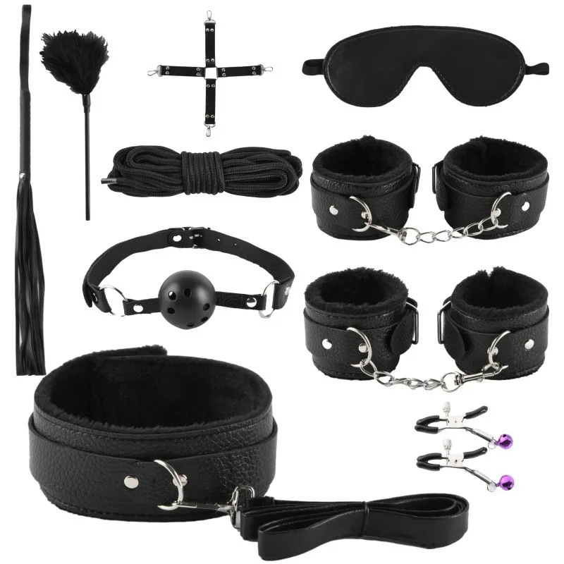 Leather plush hardware eye mask mouth stopper cross buckle handcuff neck set nipple clip cotton rope foot sex belt toys for sm