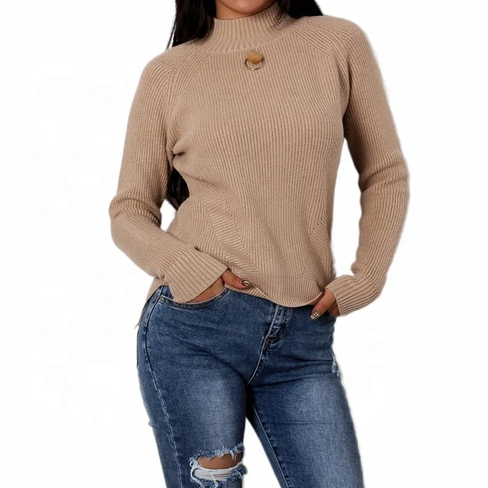 
Свитер 2021, Женский однотонный топ, пуловер с длинным рукавом и воротником-стойкой, вязаные свитера 