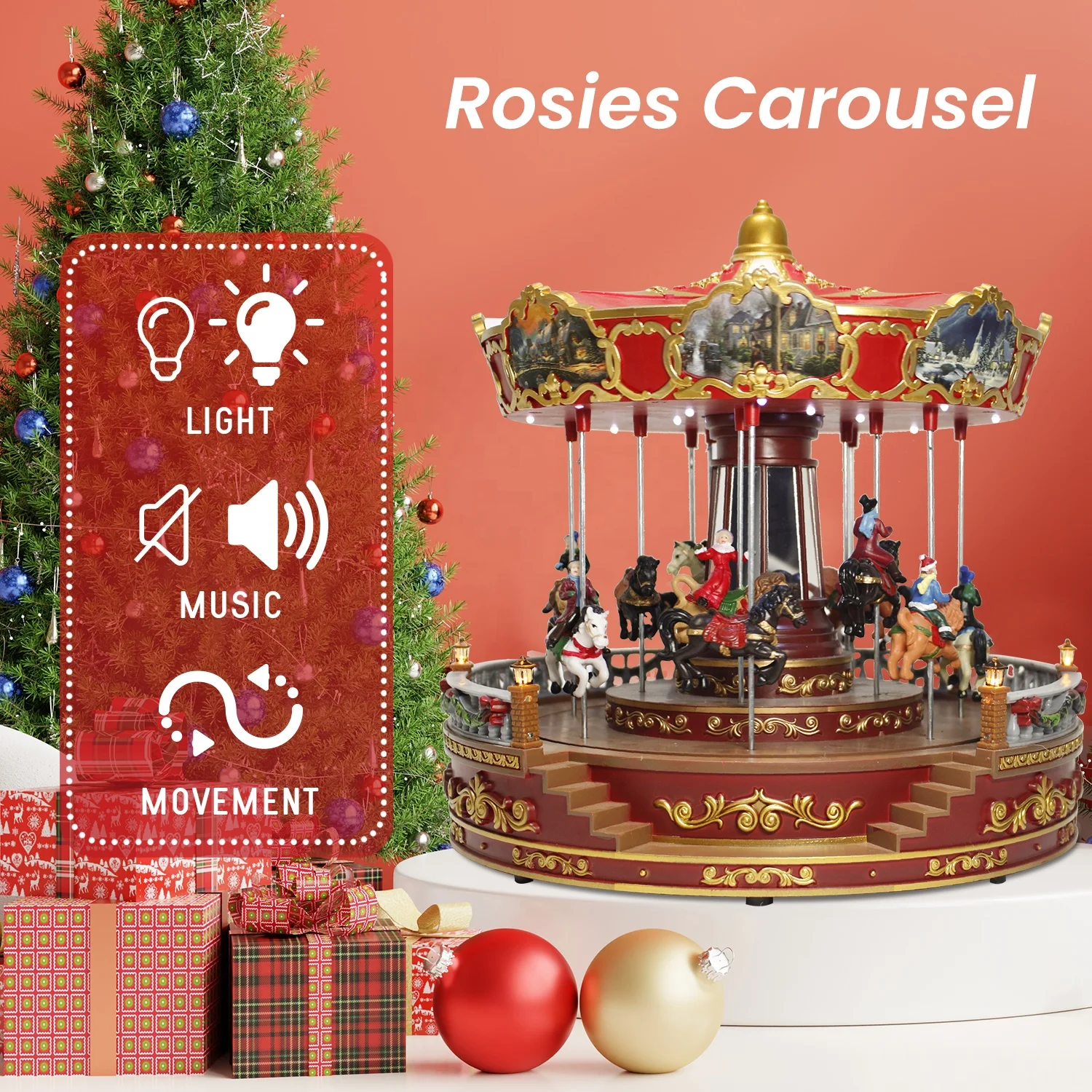 Best Selling Custom Christmas Decoration 14in noel Led lighted Rosies Carousel Revolving  with Music box