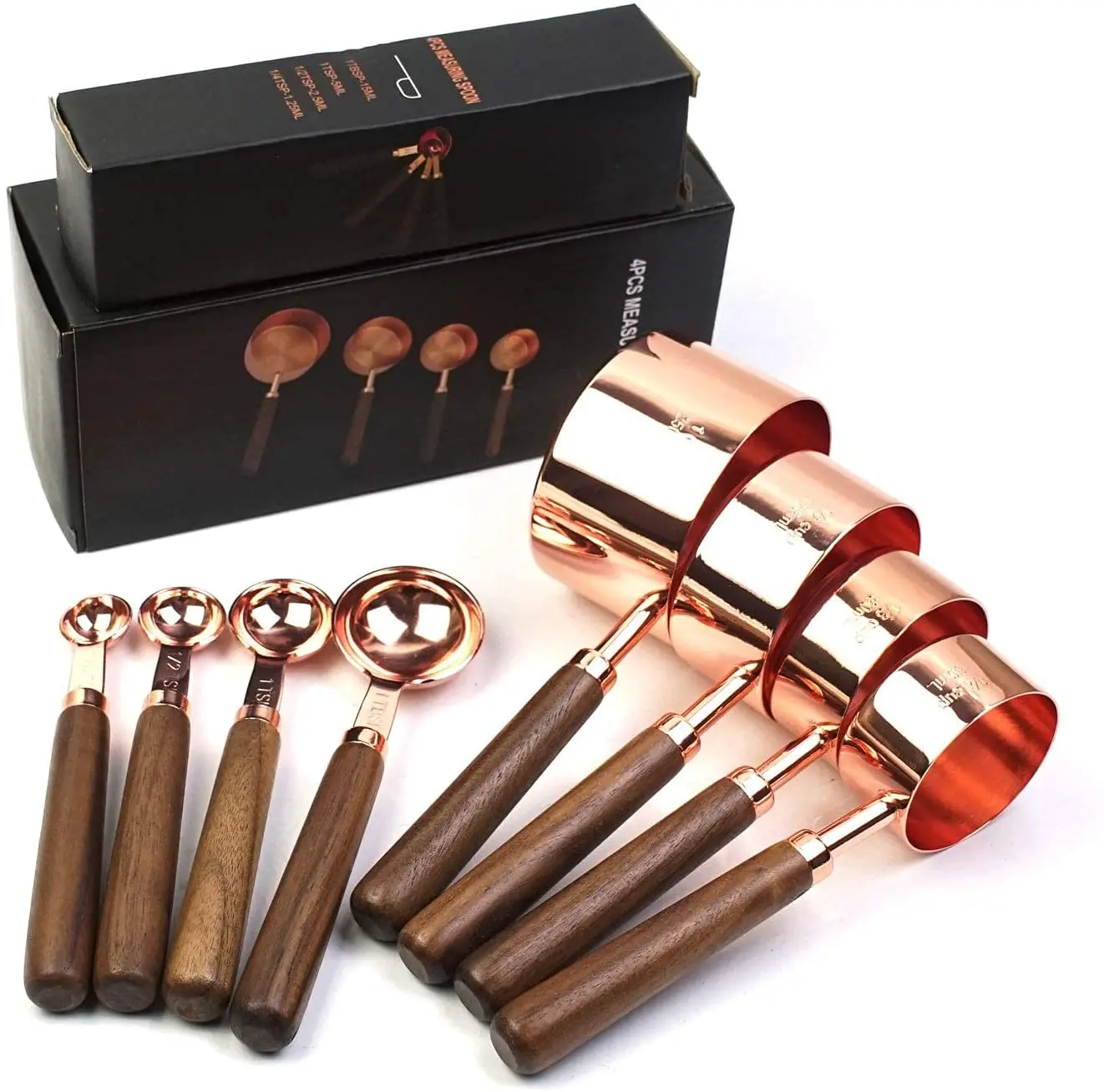 Новый дизайн, кухонные мерные ложки и чашки из нержавеющей стали с зеркальной полированной розовой позолотой, набор инструментов с деревянной ручкой