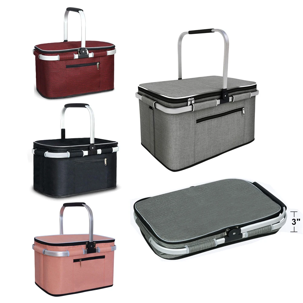 Outdoor Foldable Picnic Basket Portable Waterproof Oxford Insulated Lunch Bags Storage Box Camping Picnic Basket With Lid