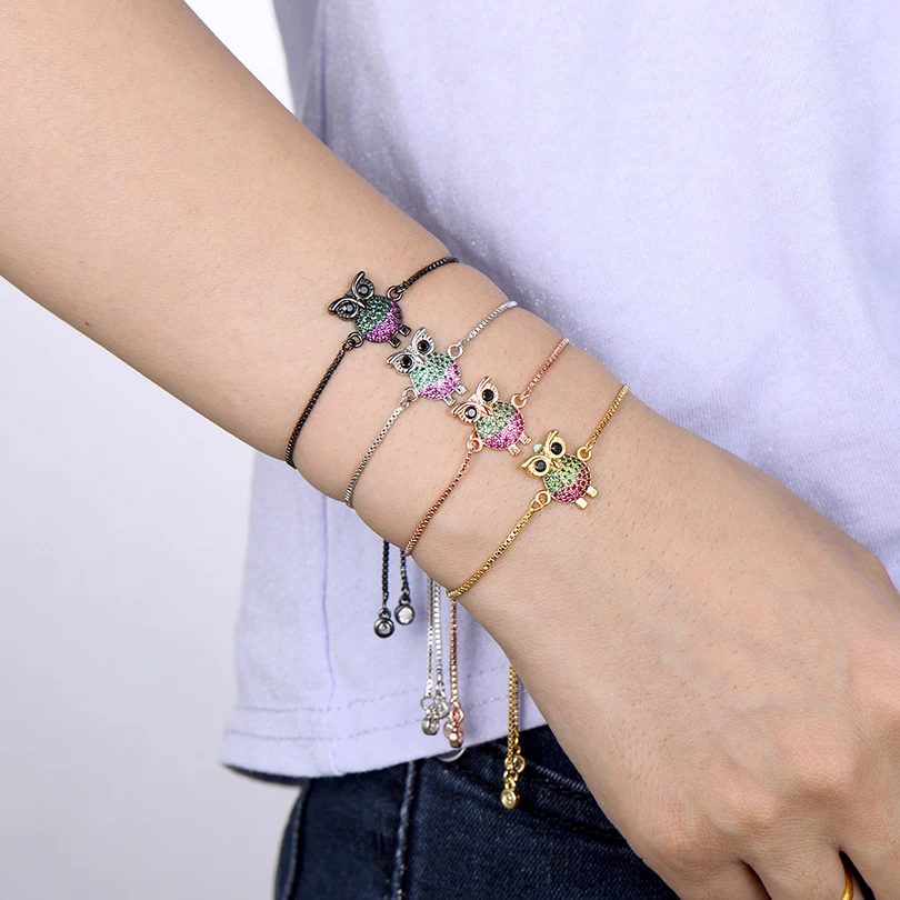 Jewelry Adjustable Chain Bracelet Luxury Copper Green and Fuchsia Cubic Zirconia Animal Charm Owl Bracelets for Women