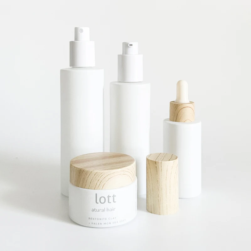 Glass pump bottle 30 ml 50 ml 60 ml 80 ml matte white wood grain plastic cap glass toner pump bottle