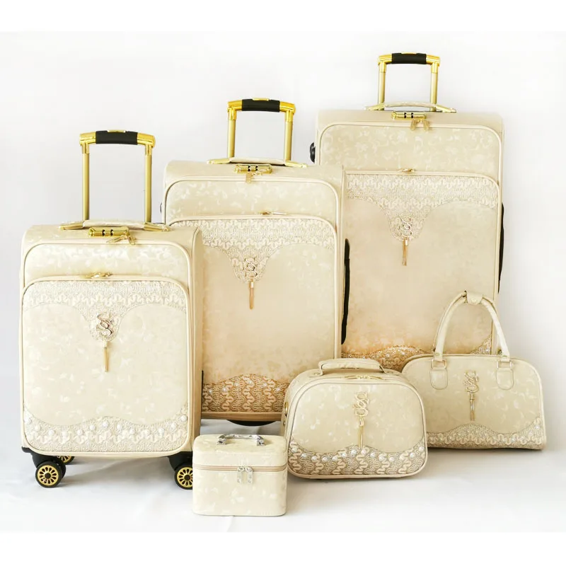 6 pcs set pvc leather trolley bags valise on wheels tote bag cosmetic roller luggage bag