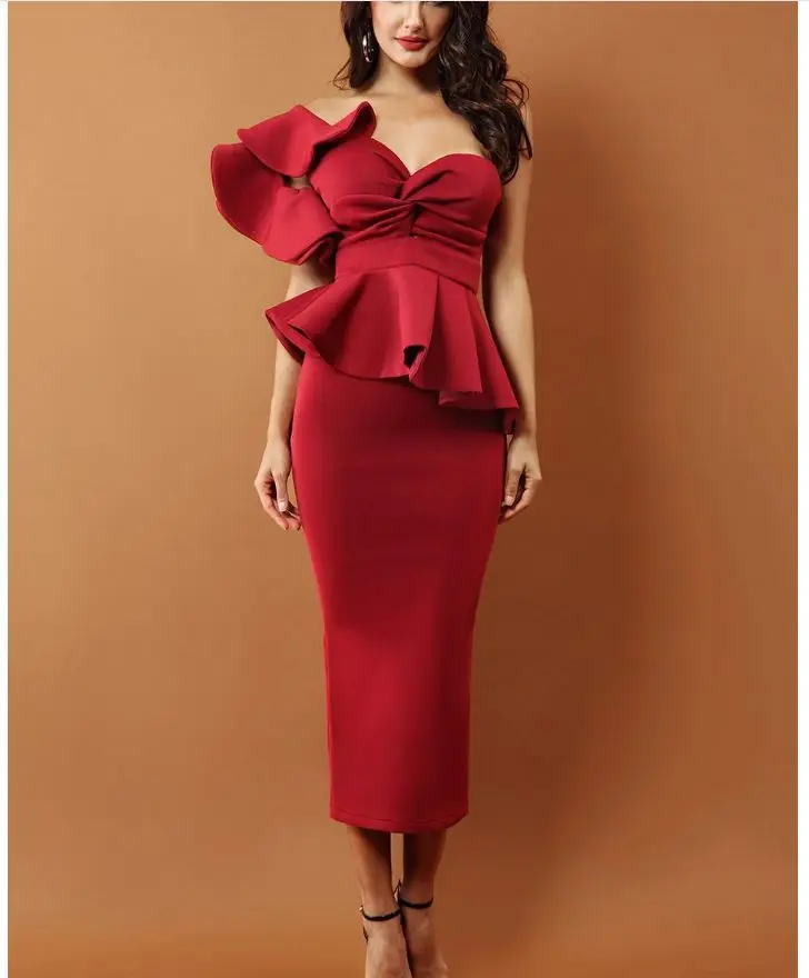 Fashion Moden Design One Off Shoulder Ruffle Sleeves Sexy Party Empire Dress