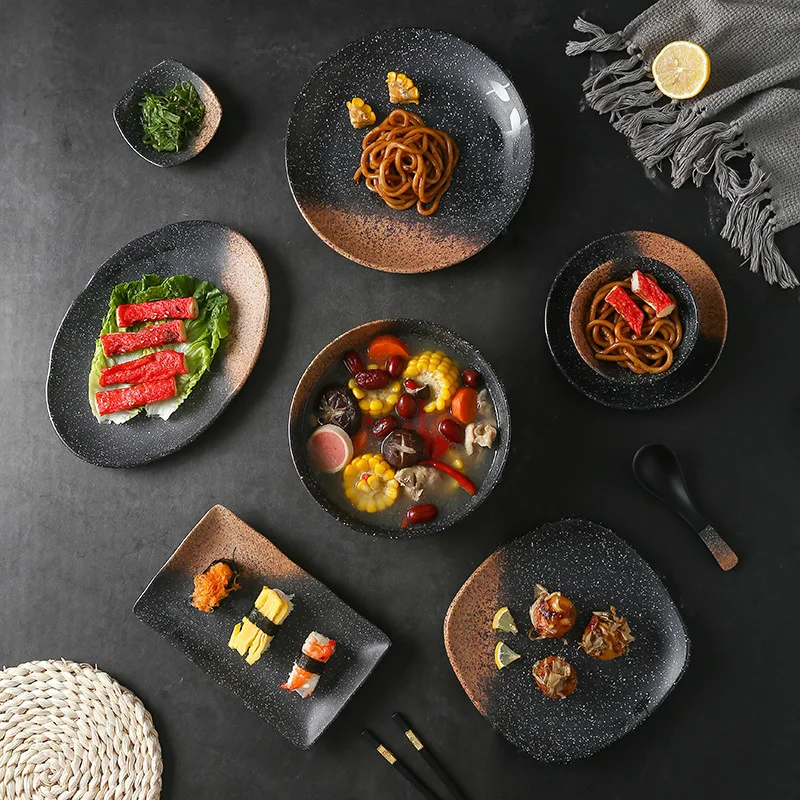 Wholesale Black Matte Dinner Set Japanese Restaurant Unbreakable Plastic Melamine Dinnerware Set Plate Dish Bowl Cup Spoon