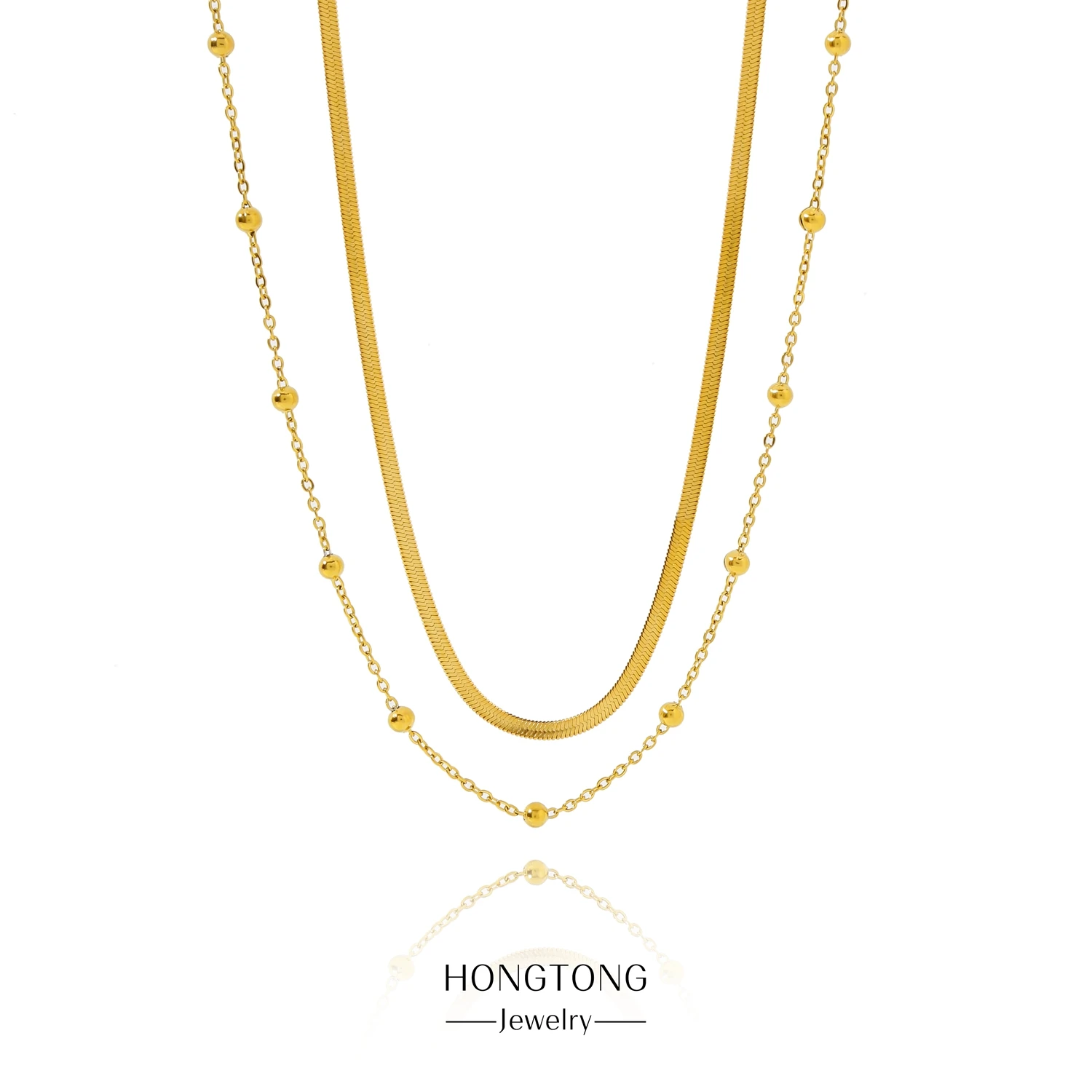 Double Layer Necklace Stainless Steel Chain Choker for Women, 18K Gold Plated Snake Bead Chain Link Necklaces