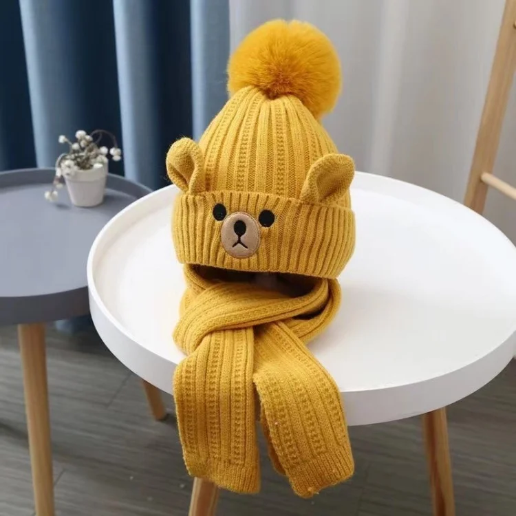 High Quality Warm Beanie Kids Winter Hat Scarf Sets Custom Little Bear Ladies Designer Hat And Scarf Brand Sets Cap For Kids