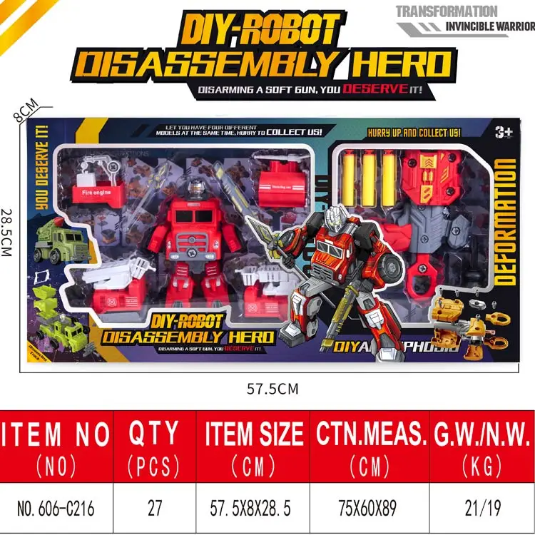 Hot Sell toys Plastic Toy solf bullet Guns with DIY transfer toys fire truck /robot for boy