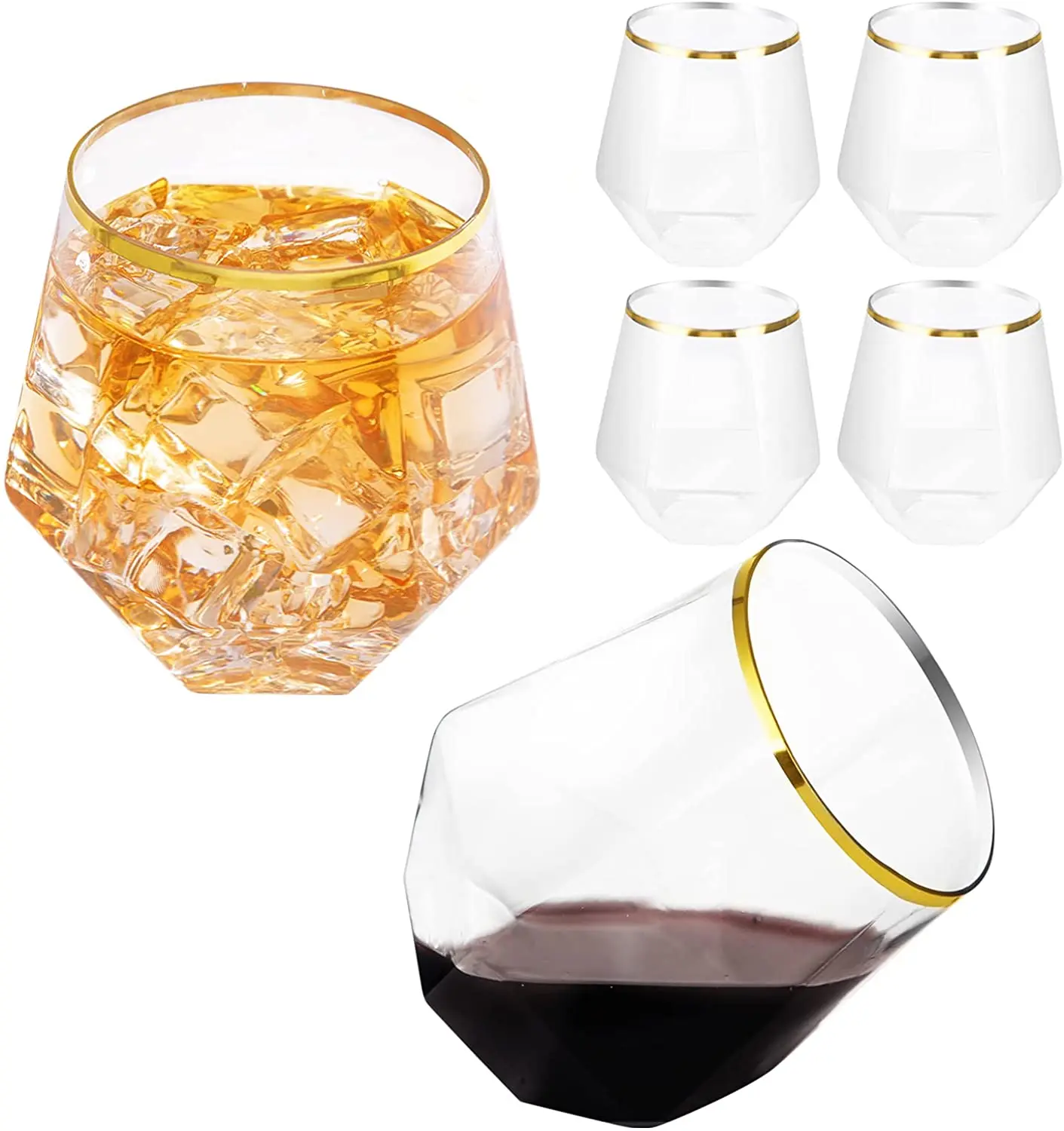Gold Rim Diamond Shaped Plastic Stemless Glassware 12oz Clear Hexagonal Stemless Plastic Wine Goblets Shatterproof Recyclable