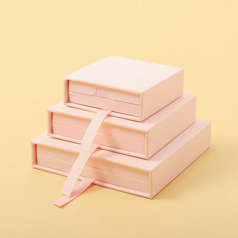 Custom Small Pink Paper Cardboard Ring Drawer Packaging Jewelry Box And Bag With Logo Printed