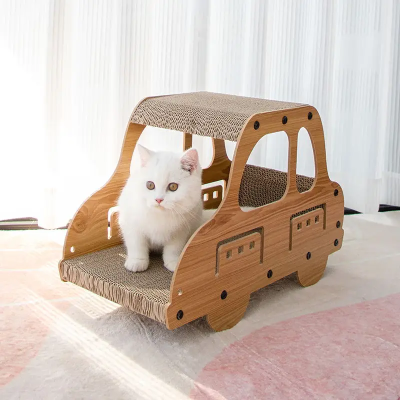 Leyou Pet Wear-resisting Standing Double-deck Wooden Car Cat House Corrugated Toys Cat Scratchers
