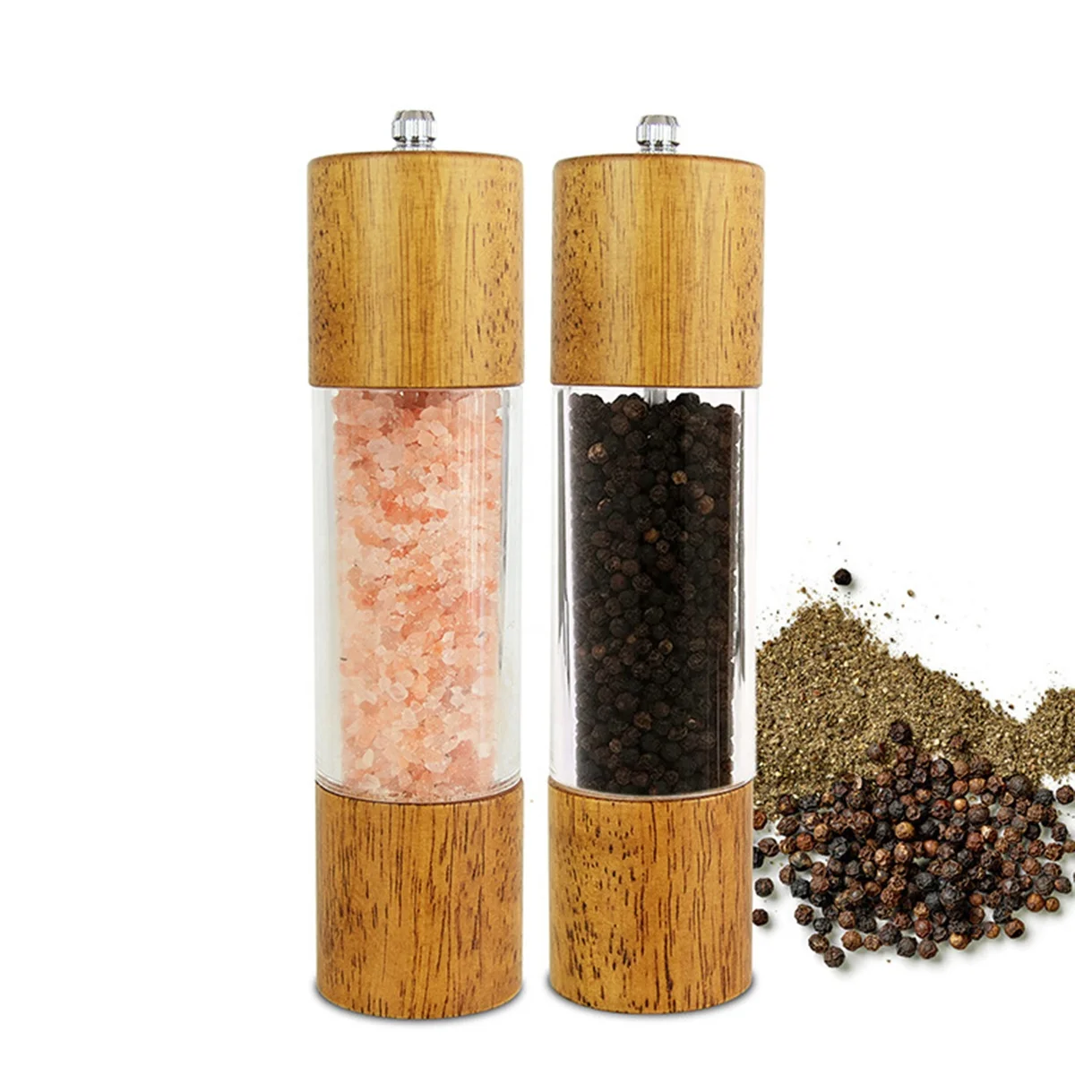 Durable Spice Herb Grinder Condiment Server Wooden Spice Tins Salt and Pepper Shaker Rubber Wood Acrylic Spice and Pepper Mill