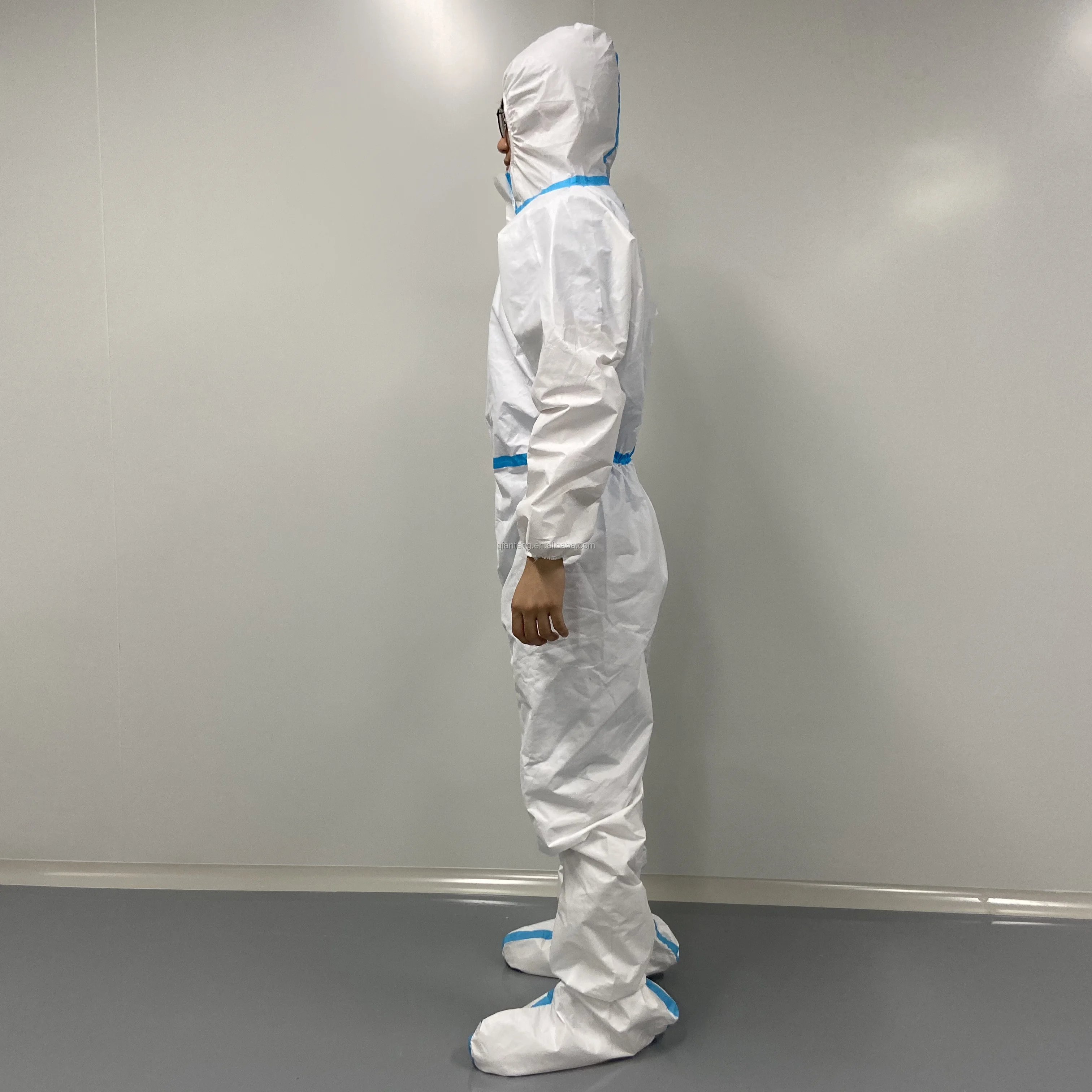 
PPE Overall CE Type 3 4 5 6 CAT III EN 14126 Isolation Coverall Disposable Hazmat Suit with Boot Cover 
