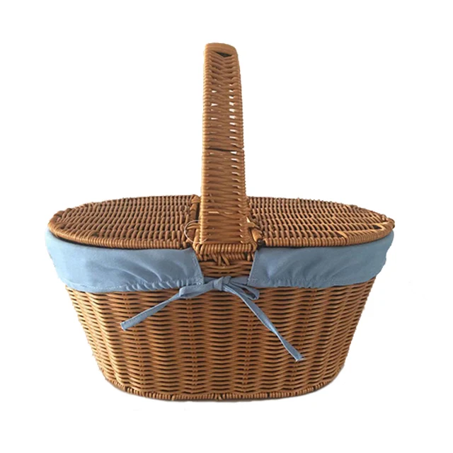 Factory supply picnic food basket bamboo storage basket Hand knitted rattan weave storage basket with lid handle