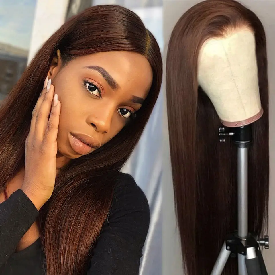 Chocolate Brown Virgin Hair Lace Front Wig For Women Silk Straight Wig 4x4 13x4 13x6 HD Transparent Lace Wig