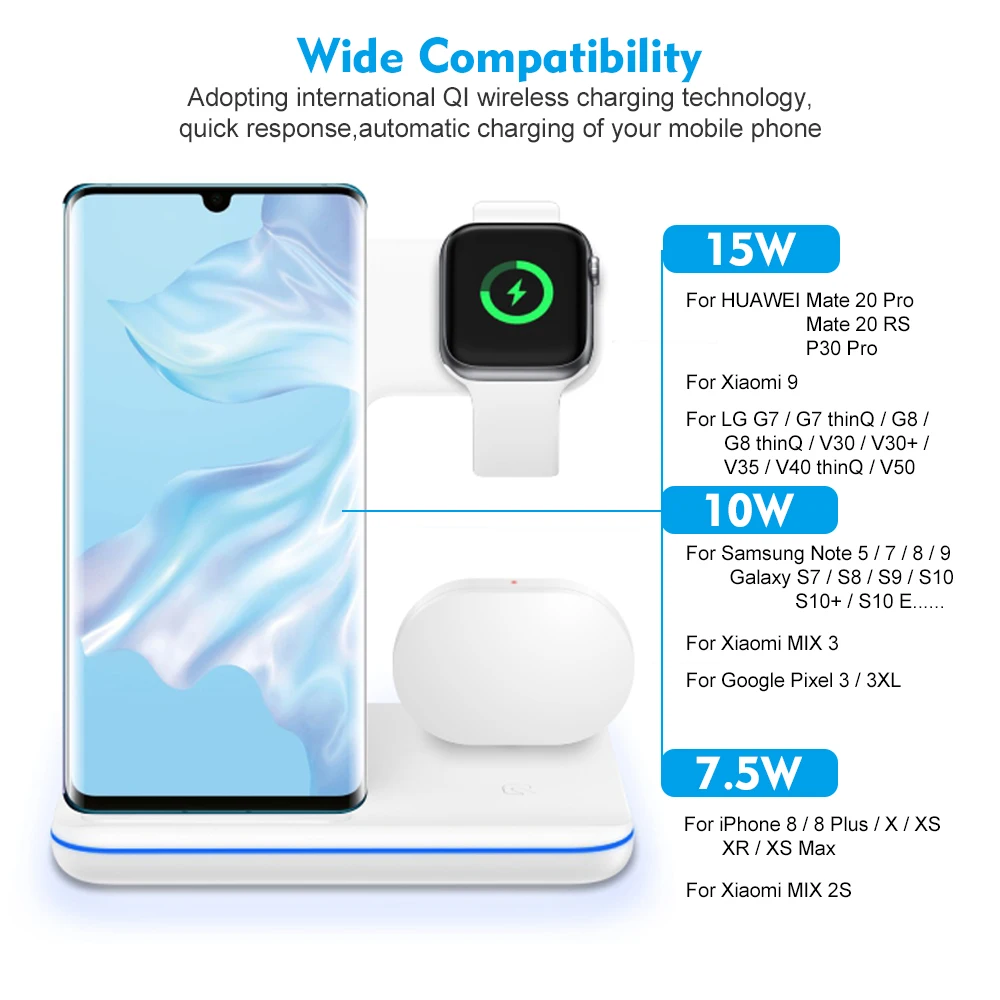 Wireless Charger Stand 3 in 1 Qi 15W Fast Charging Dock Station for Apple Watch iWatch 7 6 AirPods Pro iPhone 13 12 11 XS XR X