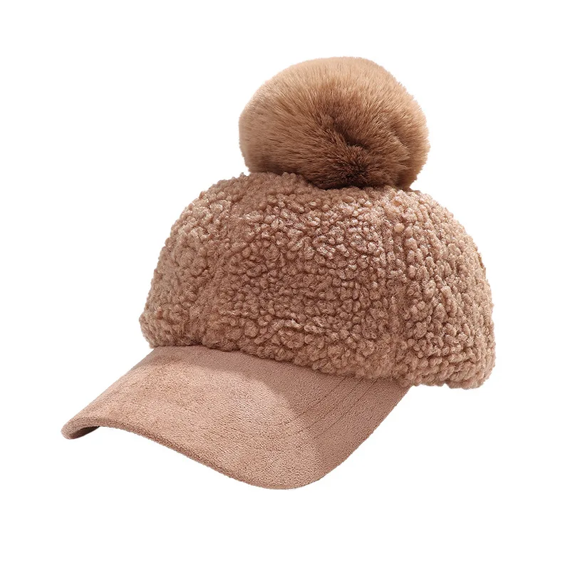 Custom pompom cute ears autumn and winter ladies lambswool baseball cap outdoor warm solid color baseball