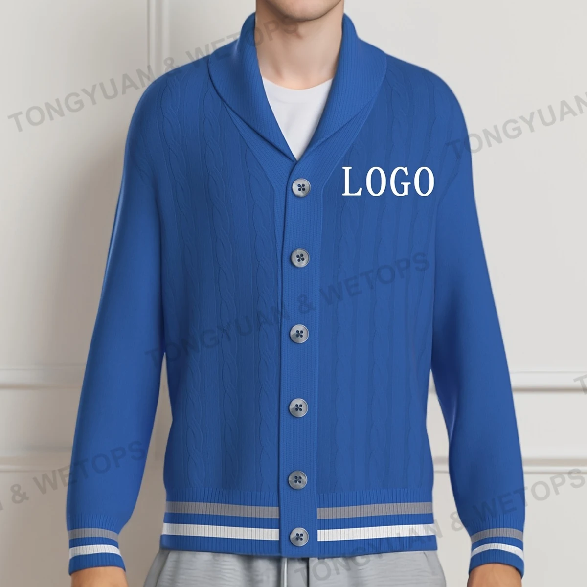 BSCI Factory Custom Cardigan Oversized Sweaters Classic Design Greek Shawl Collar Stripe Cotton Vintage Knitted Cardigan Men
