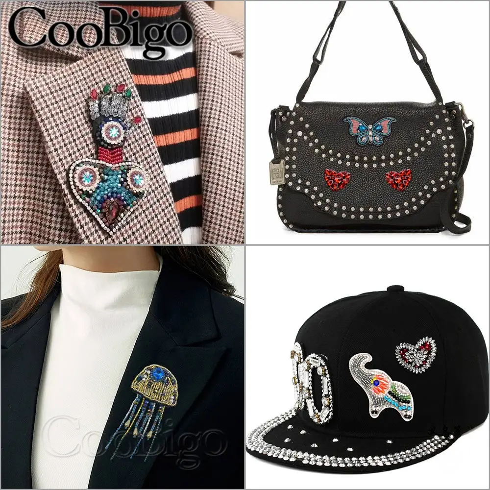 50pcs Rhinestone Beaded Patches Clothes DIY Handmade Crystal Heart Animal Parch Sewing on Sequins Applique Bag Decorative