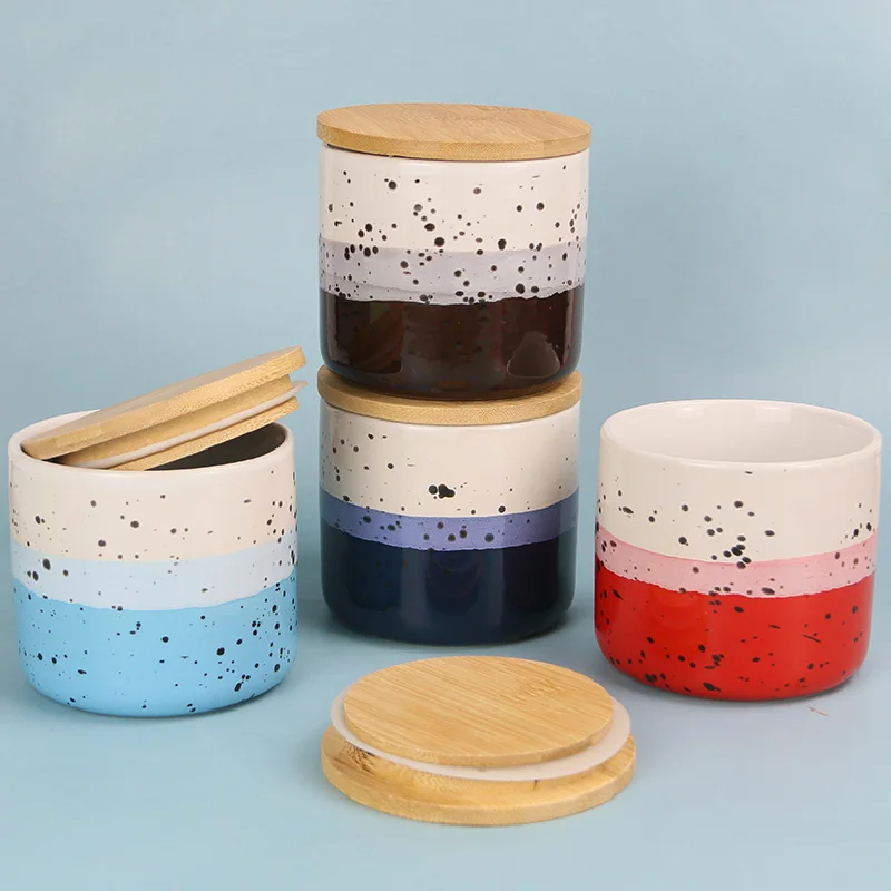 Custom kitchen food tea coffee sugar canister ceramic sealed storage jar set with wooden lid