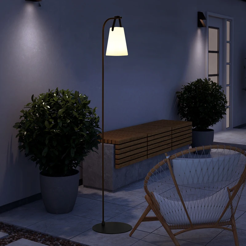 Morden Waterproof Outdoor Cordless Trapezoid Lantern Style Dimmable LED Light Modern Arc Floor Lamp with Remote