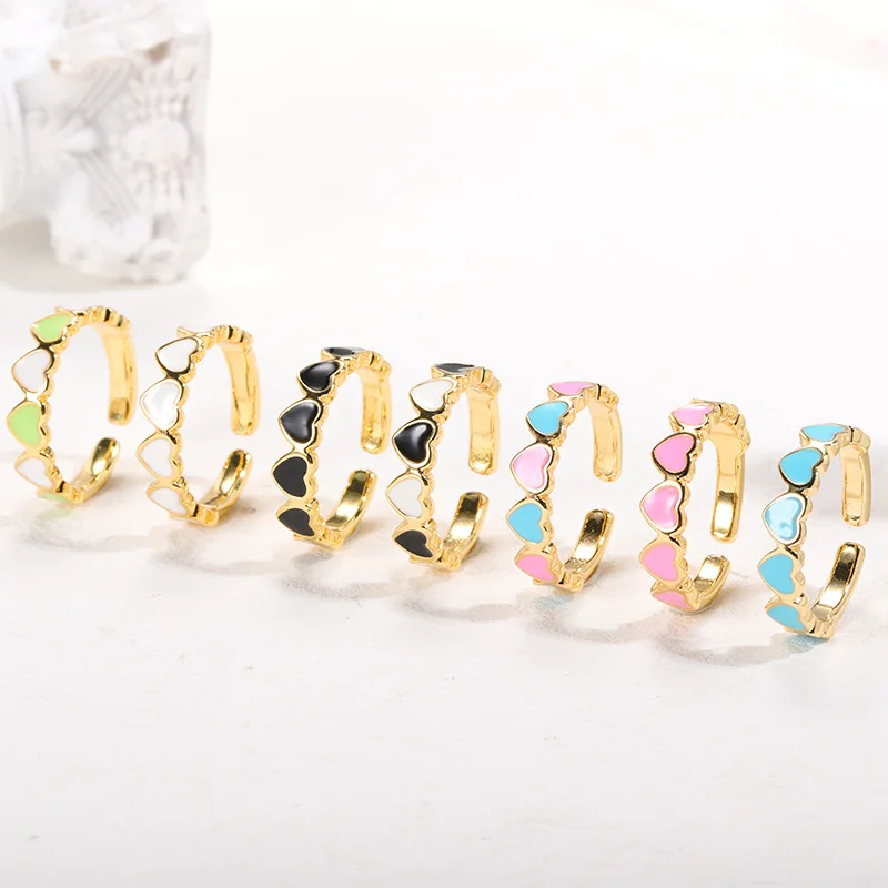 Simple Copper Gold Plated Colorful Enamel Love Heart Finger Ring Cute Drip Oil Heart Open Adjustable Rings For Women Girls