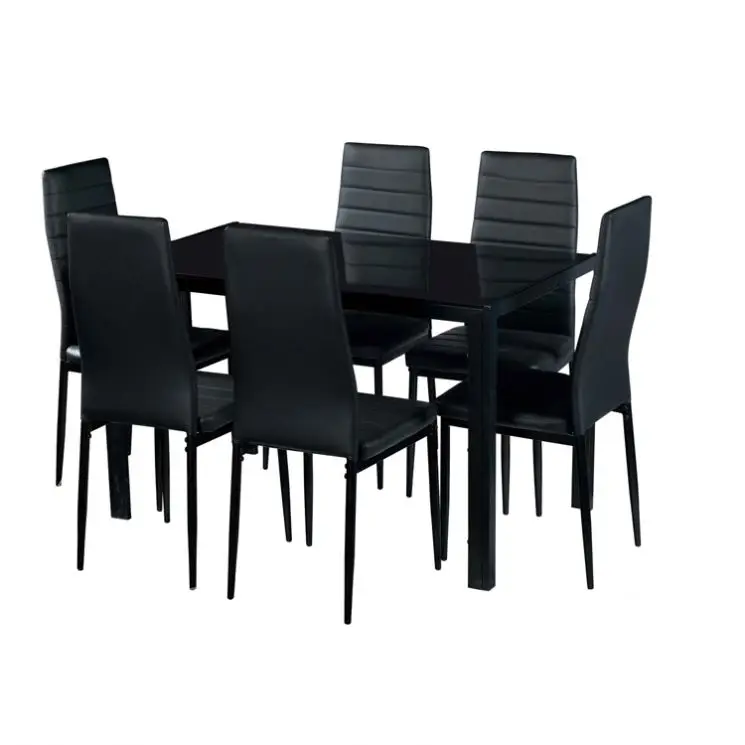 Fancy dining table set 8mm black tempered glass and leather chairs dining room set