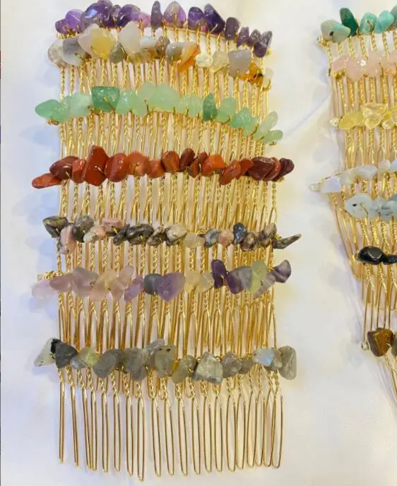 Natural Stone Hair Comb Colorful Healing Crystal Gravel Stone Hair Comb for Women Girls