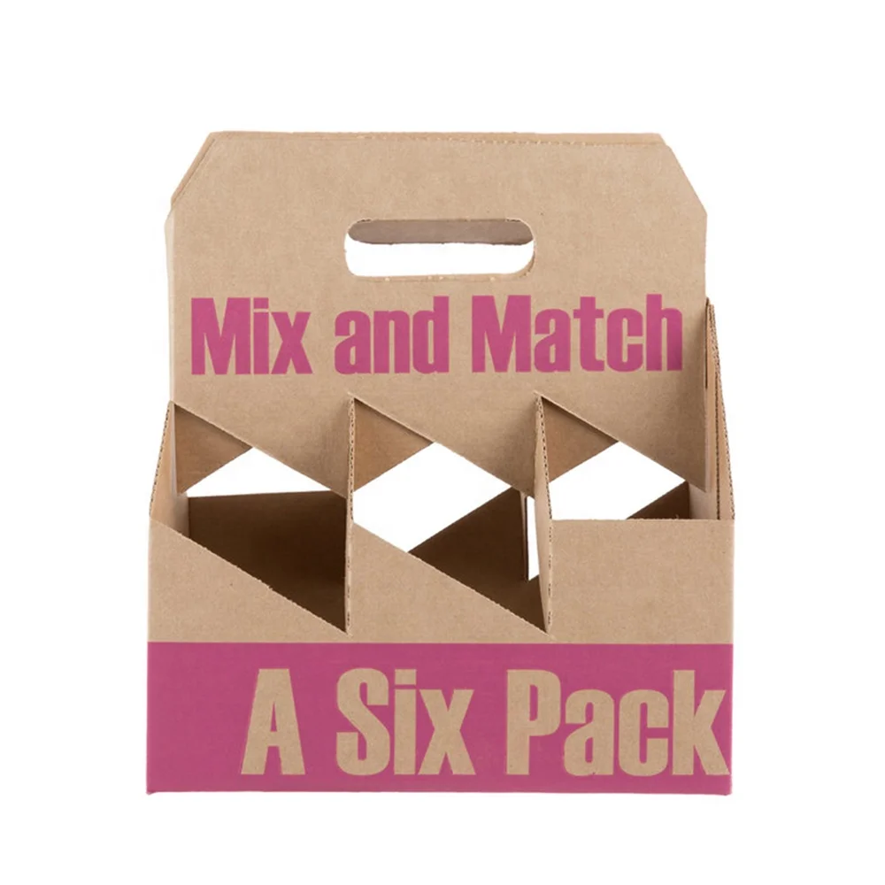 Custom logo Folding Corrugated Cardboard 6 Packs Bottles Beer Carriers Packaging Box with Handle